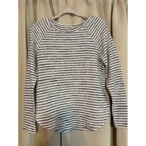 LOFT Womens Medium Striped Knit Top Long Sleeve Curved Hem Navy White Raglan